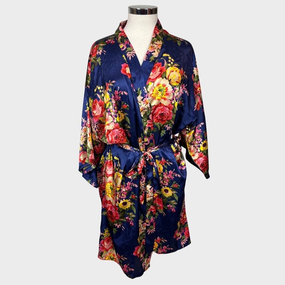 Lightweight Satin Navy Blue Floral Robe with Yellow Pink Belted - Picture 2 of 10